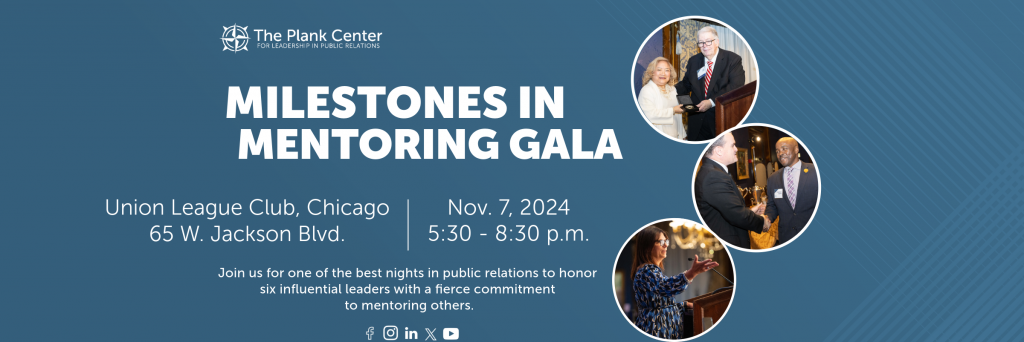 Milestone Mentoring Gala flyer featuring elegant design with geometric accents, event details, and RSVP information.
